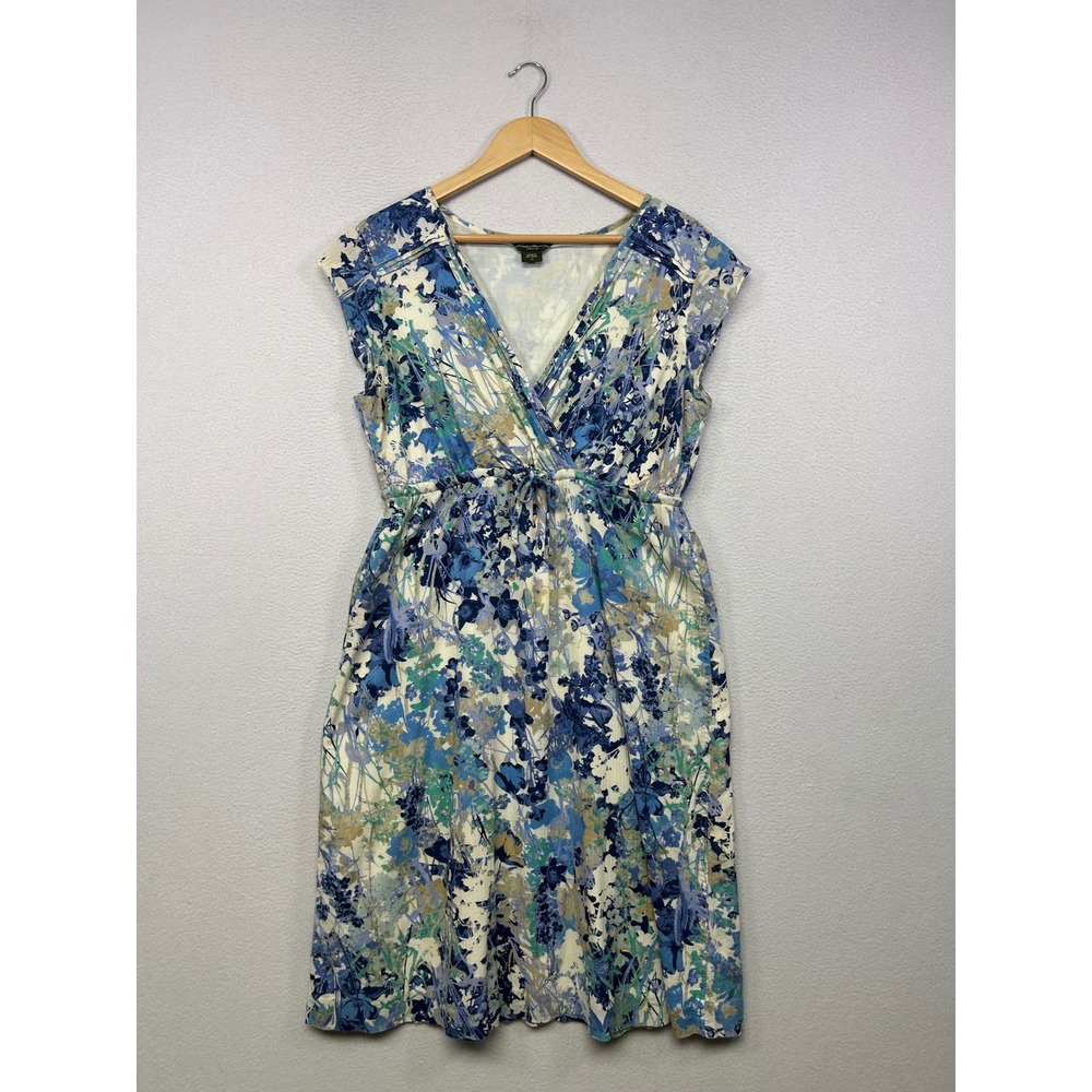 Cottagecore Coastal Eddie Bauer Women 12 Blue Floral Cotton Surplice Wrap Dress